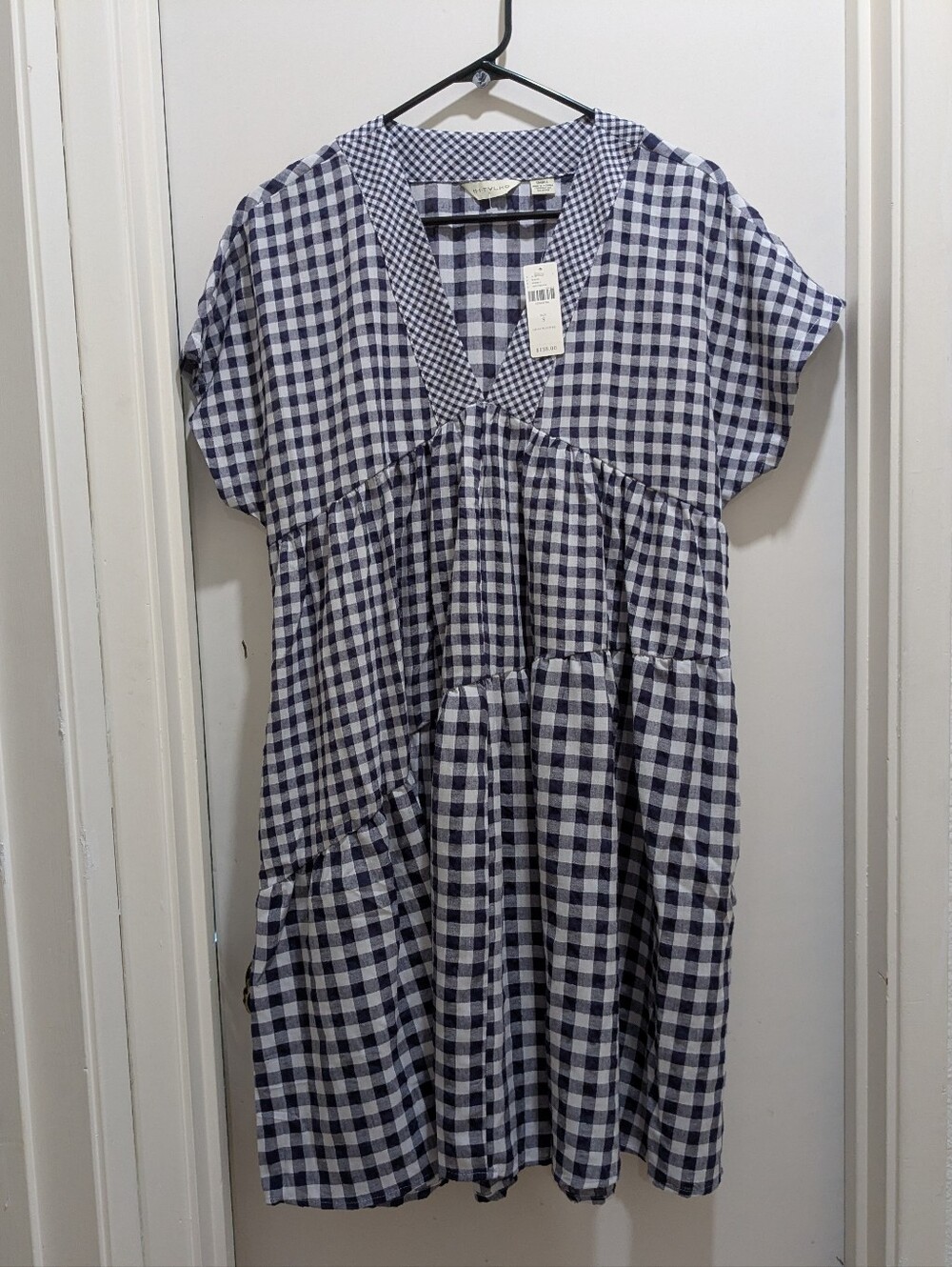 Anthropologie 11-1-TYLHO V Neck Swing Dress Navy and White Gingham Tiered Sz. S - Picture 2 of 8